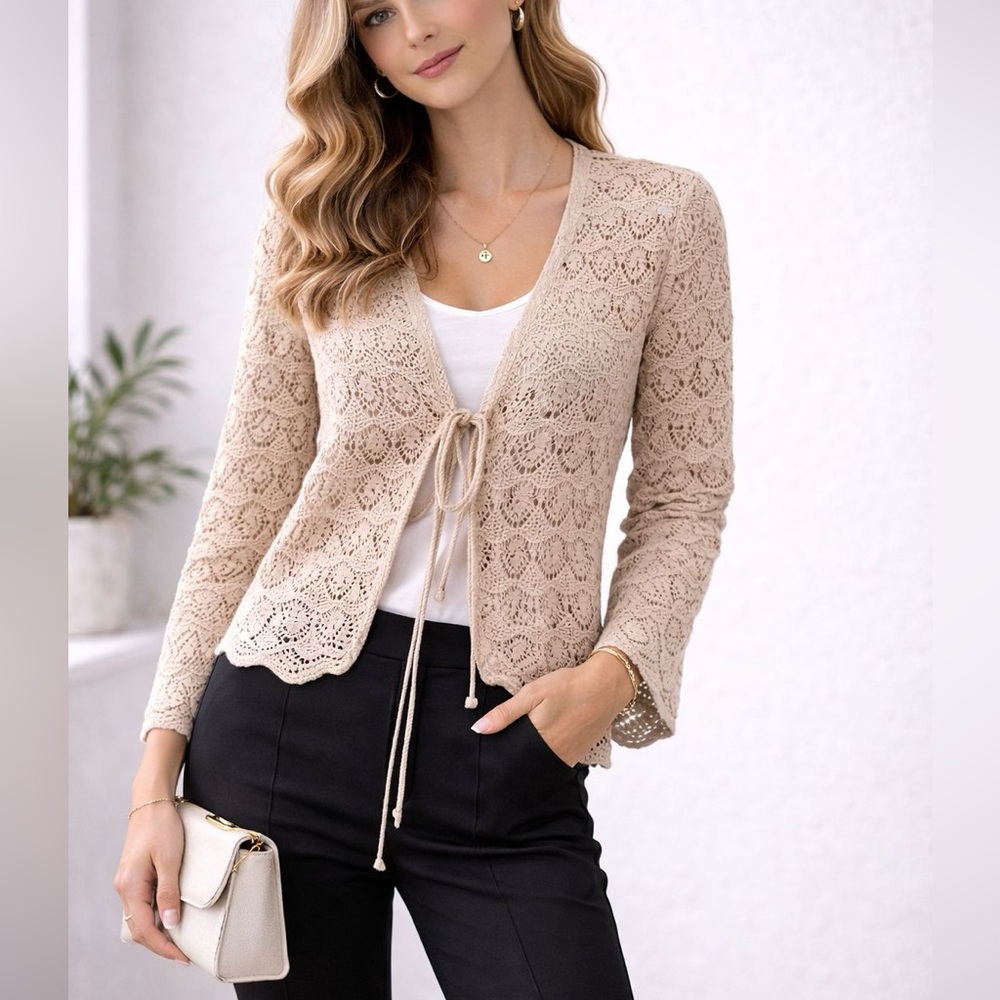 Altar'd State Tan Lace, Tie Front Cardigan